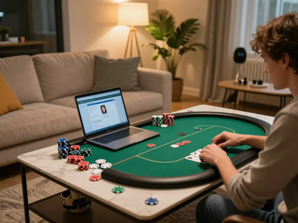 KONG88 player engaging with poker interface at home, showcasing strategic gaming environment.