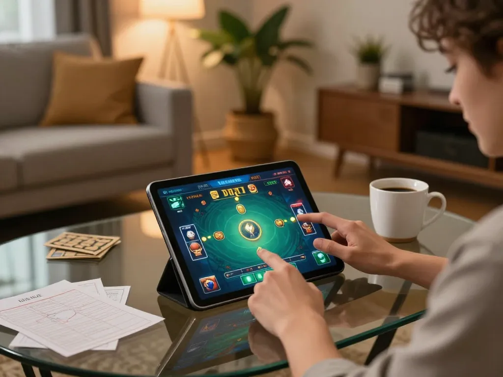 Daga gameplay session on tablet in a stylish living room with cozy atmosphere.