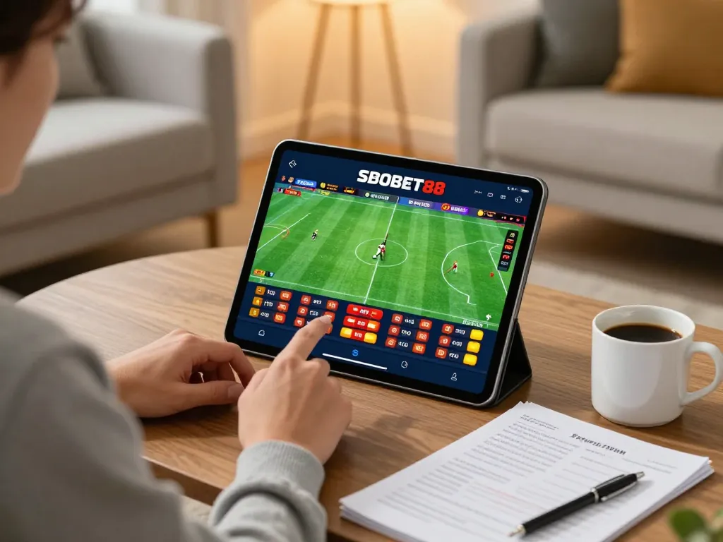 Pengguna SBOBET88 bertaruh pada olahraga melalui aplikasi seluler di ruang tamu yang nyaman.