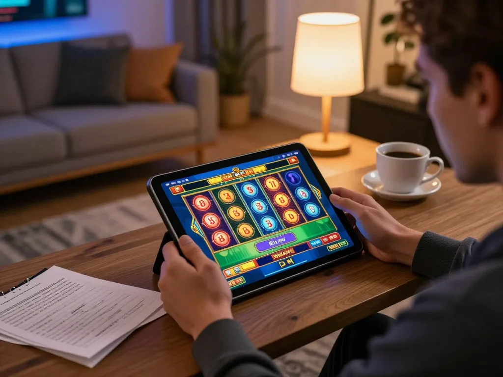Experience thrilling gameplay with f1688 on a tablet at home, showcasing strategic slot machine interaction