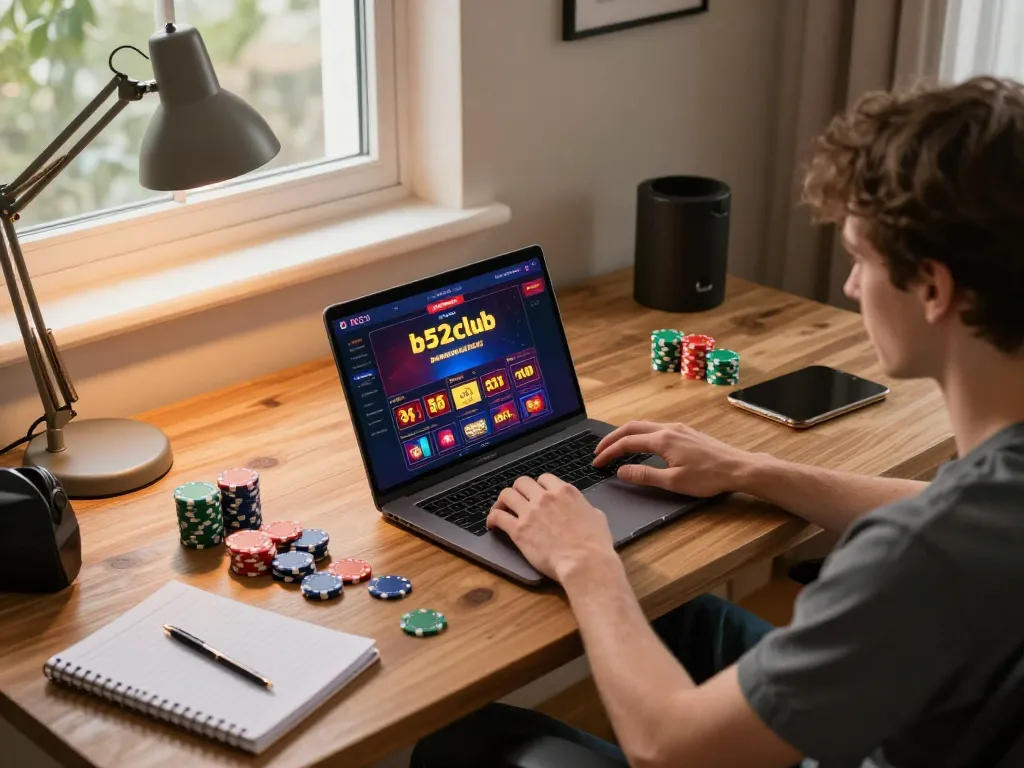 b52club player engaging in online casino game on laptop amid a cozy setup with poker chips and strategy notes