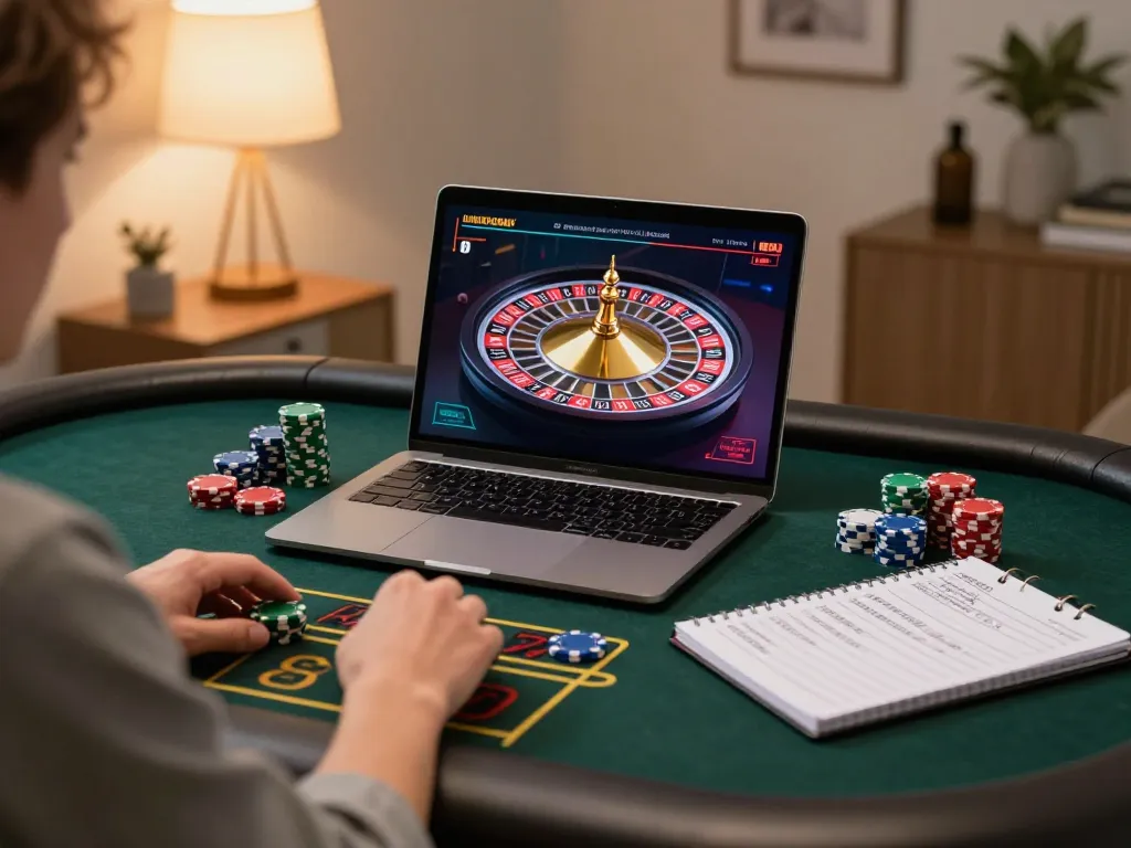 Engaging with f88 bet live dealer roulette on a laptop while planning betting strategies.