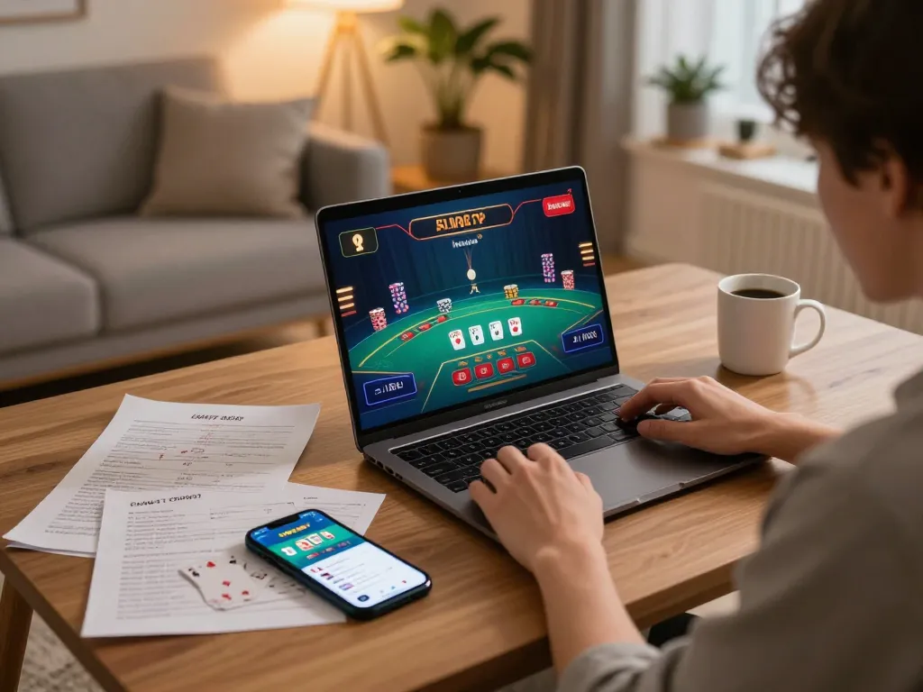 Player engaging in strategic blackjack on New88 nhà cái app while utilizing notes at home.