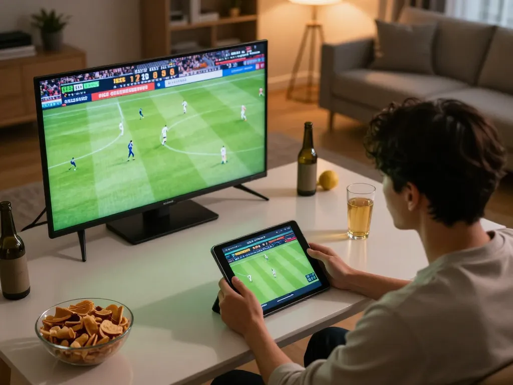 Engaging scene of checking kết quả bóng đá during sports betting at home with cozy atmosphere.