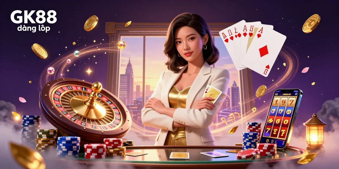 Experience GK88 đăng nhập with an elegant Asian woman strategically holding cards in a vibrant casino setting.