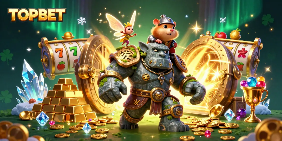 Engage with the thrill of TOPBET and enchanting 3D characters amidst a treasure-filled casino scene.