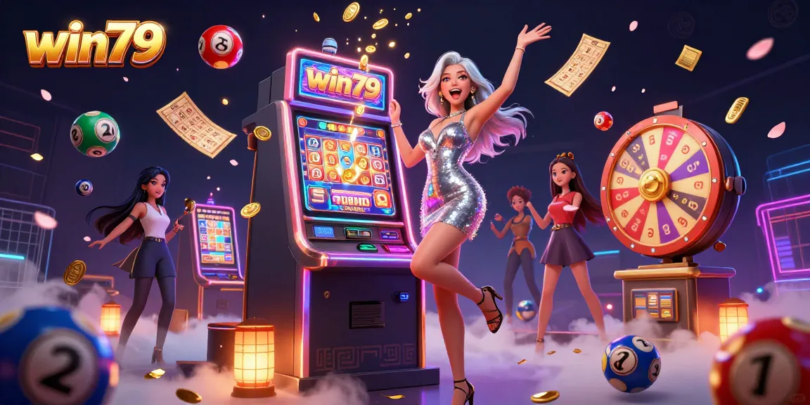Win79 jackpot celebration with an Asian woman at a slot machine, gold coins flying.