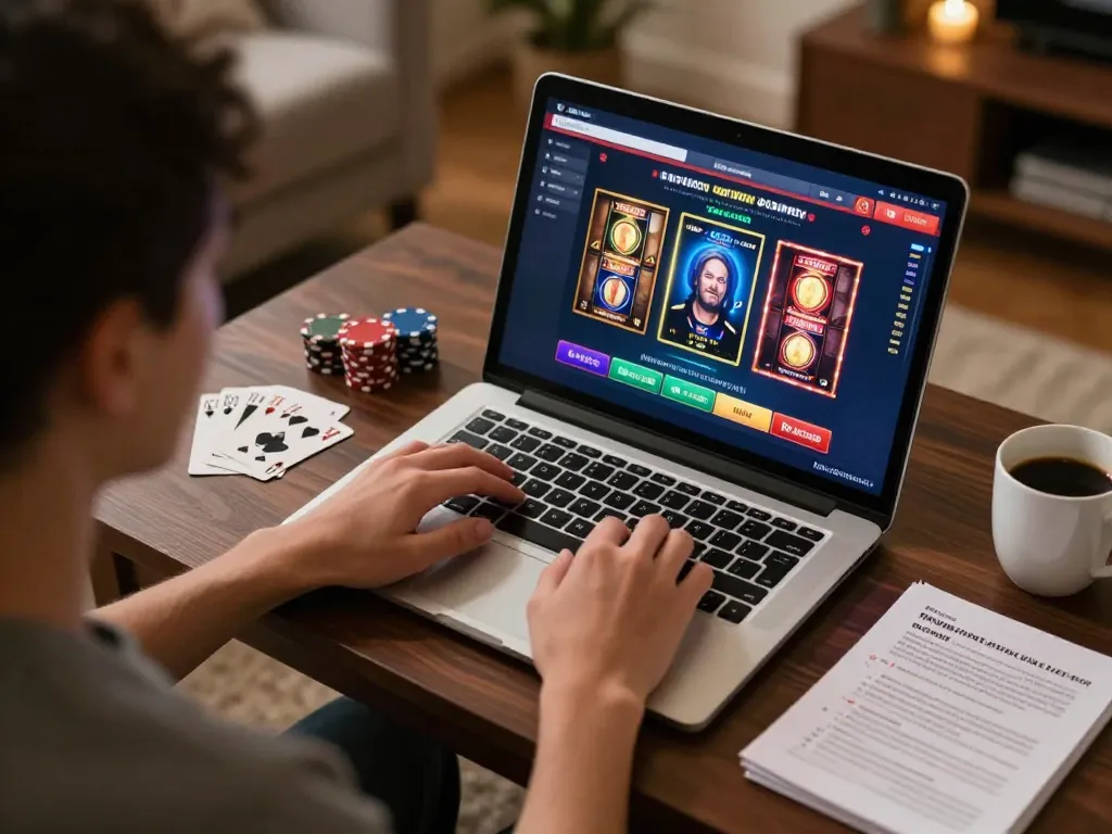 Engaged player enjoying online casino gaming at hm88 with poker and slots on screen
