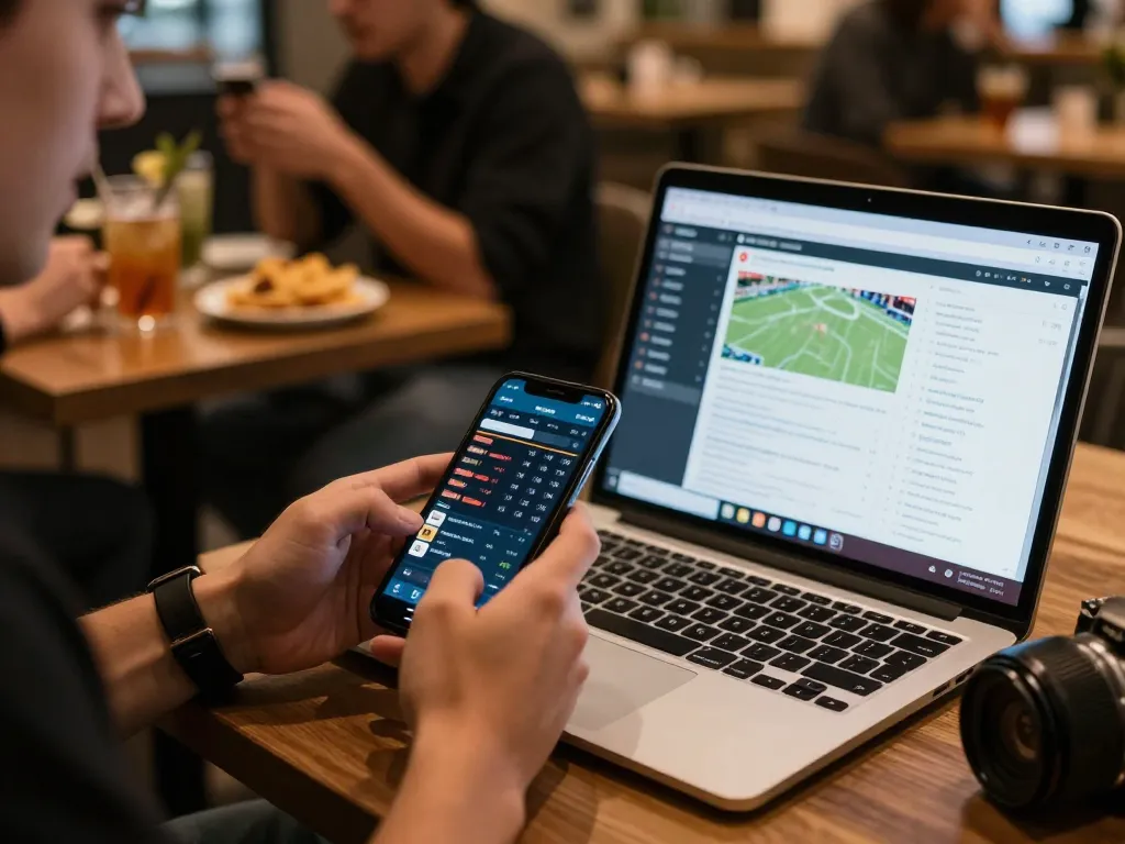 Exciting moment of placing bets using SV368 Link on a smartphone in a lively café.