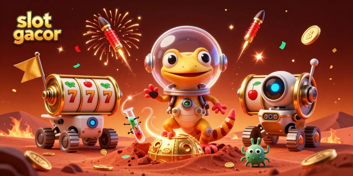 Experience the excitement of slot gacor with a Martian gecko uncovering a hidden golden casino.