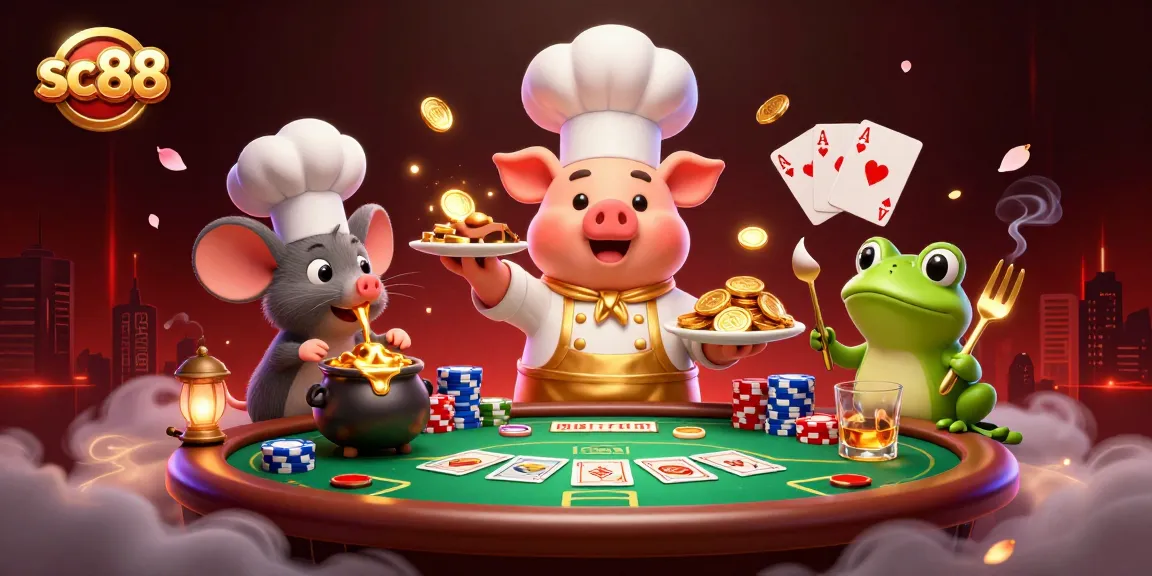 Experience the excitement of sc88 with a culinary twist featuring gold coins and poker elements in an entertaining scene.