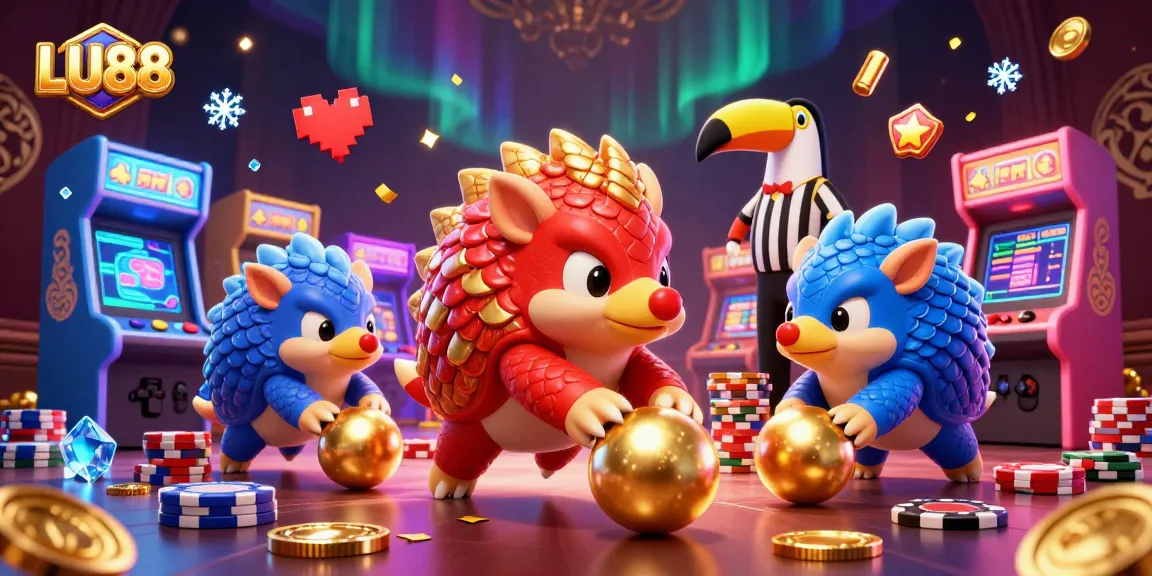 LU88 pangolins animatedly bowling through poker chips in a vibrant casino scene.
