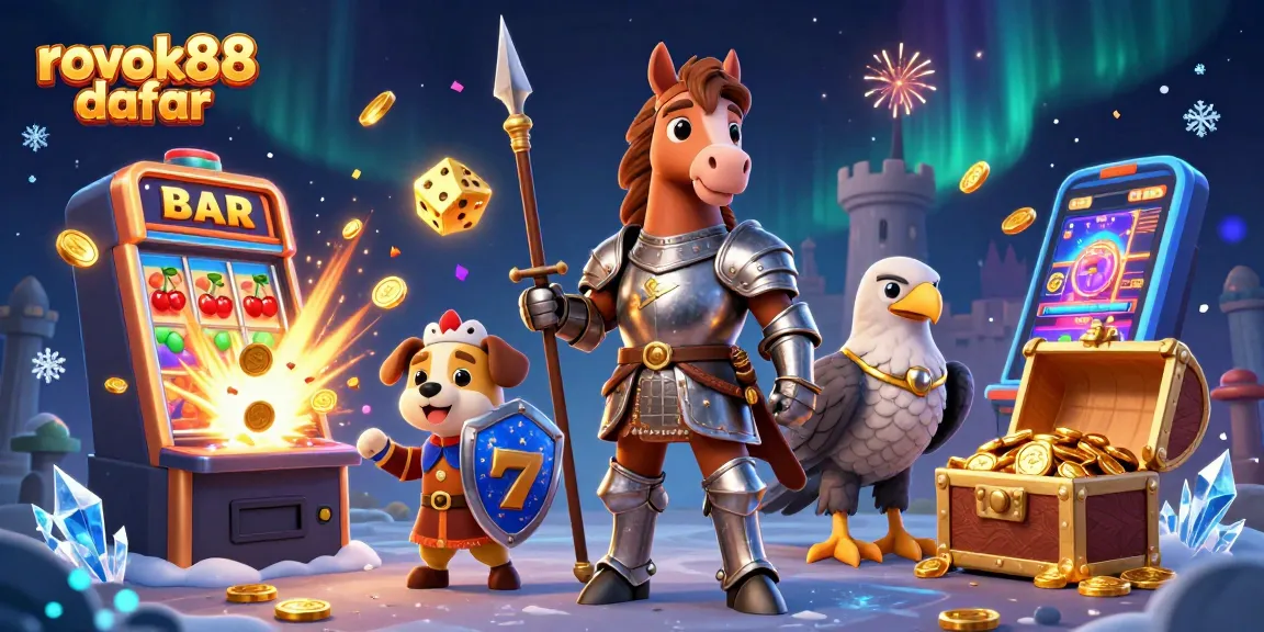 Capture the excitement of rokok88 daftar with dynamic slot machines, knight, and puppy in a 3D illustration.
