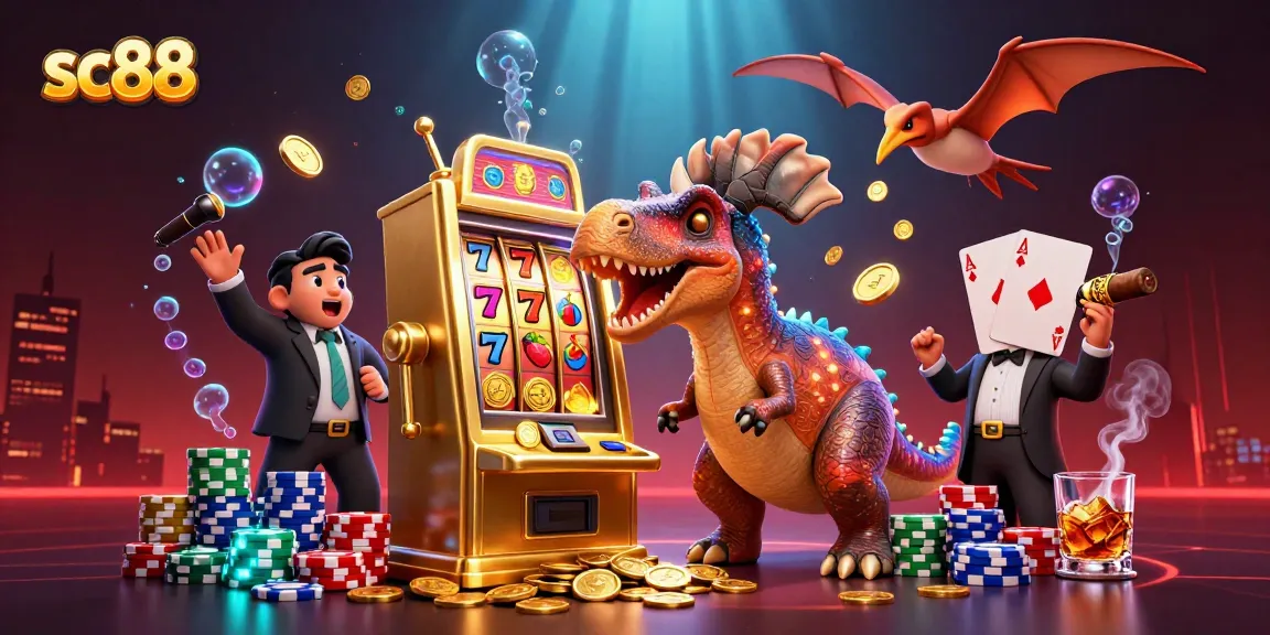 Witness sc88's playful dinosaur headbutting a jackpot slot machine, capturing thrilling casino excitement.