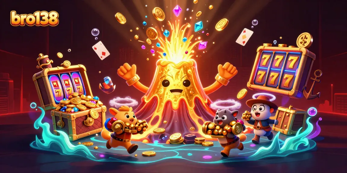 Experience winning moments with bro138 showcasing slot reels and treasure in a vibrant casino scene.