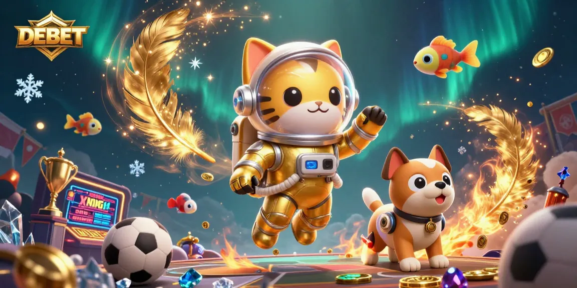 Bet on DEBET with a vibrant illustration of an astronaut cat and robot dog in a thrilling betting arena.