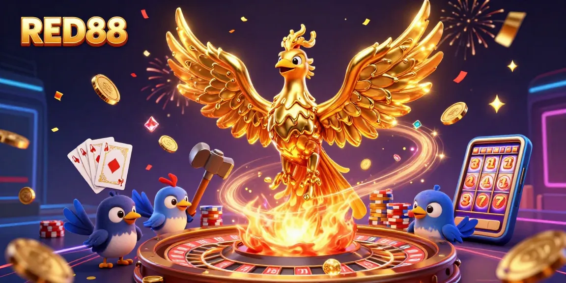 Experience the excitement of RED88 with a golden phoenix and casino elements in a thrilling 3D scene.
