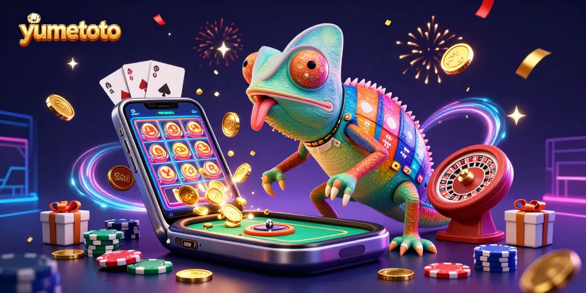 Play exciting games at yumetoto with a vibrant chameleon casino owner amidst dynamic slot and poker elements.