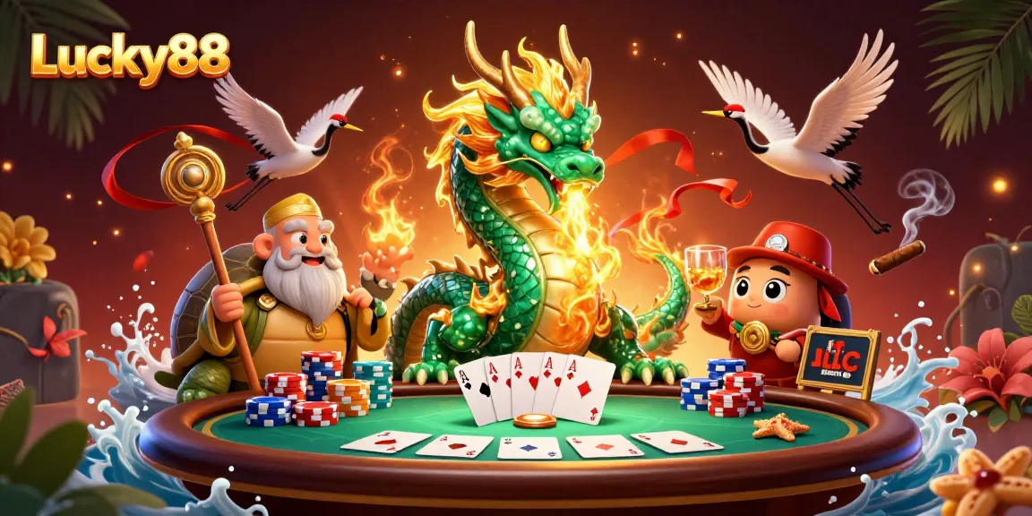 Experience thrilling gameplay with Lucky88, featuring an emerald dragon, poker elements, and vibrant energy.