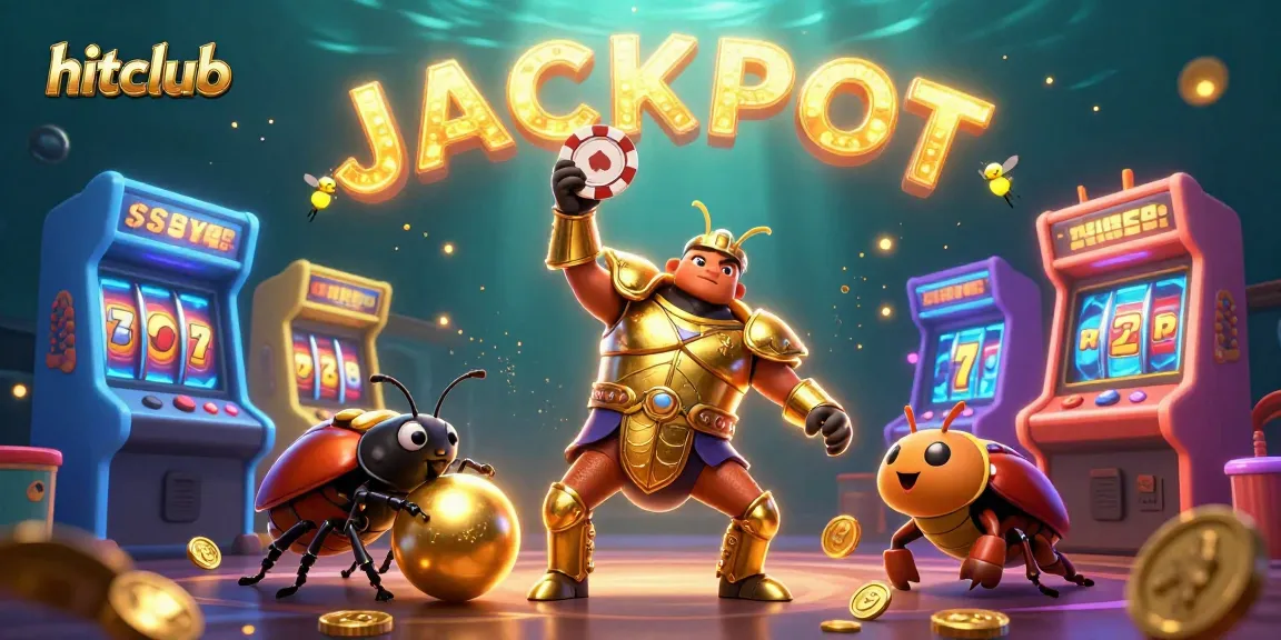 Hitclub showcases an exciting gambling scene with a cartoon beetle winning a poker chip jackpot.